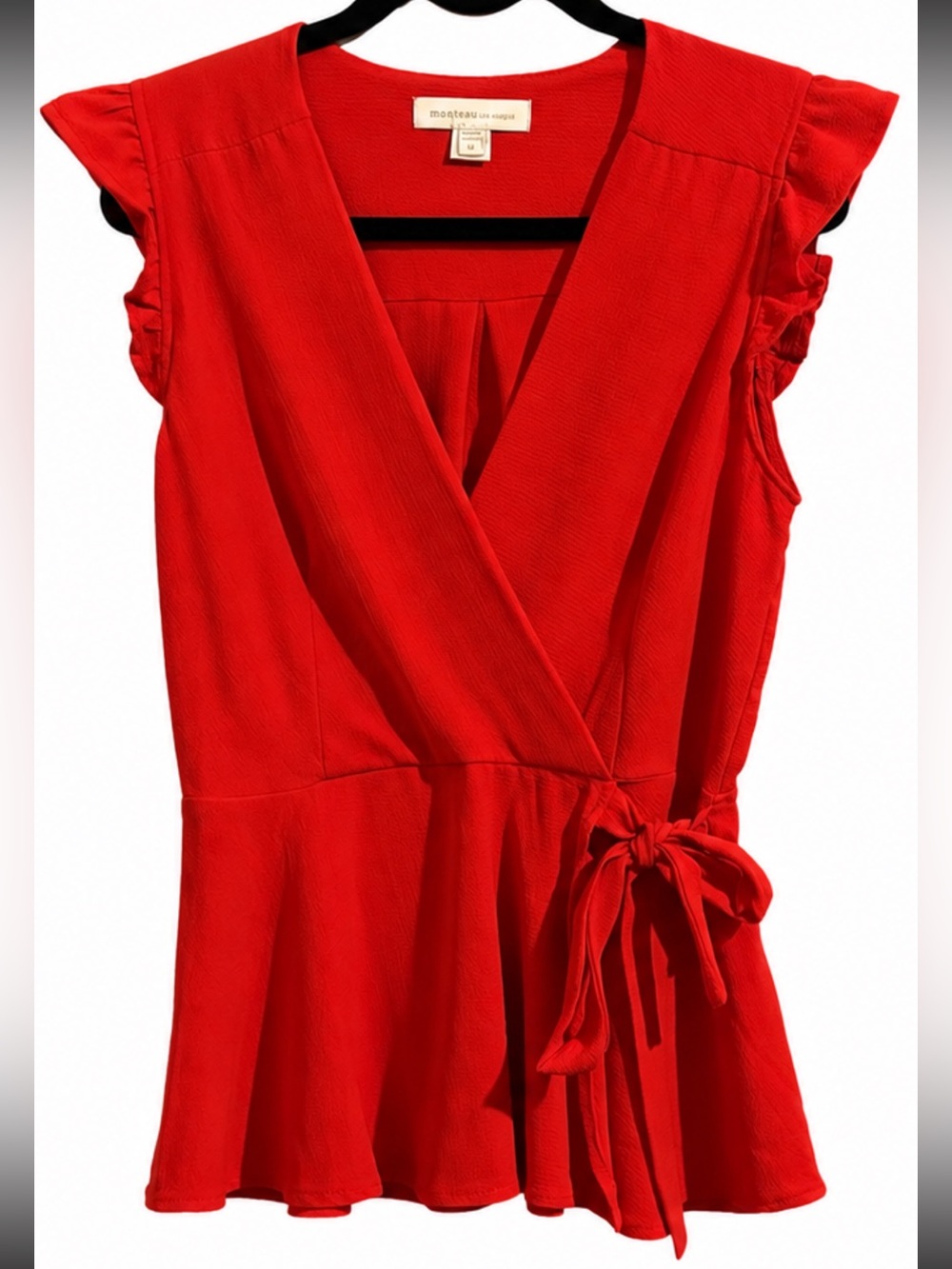 Monteau Los Angeles Red Wrap Blouse Ruffle Sleeve Peplum Top